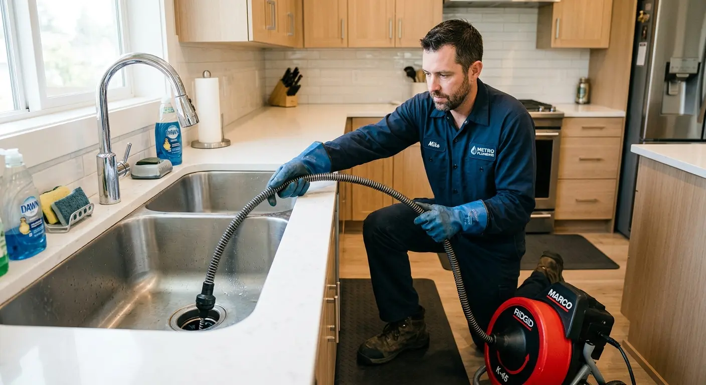 Drain cleaning technician using a motorized snake on a kitchen sink in McMinnville