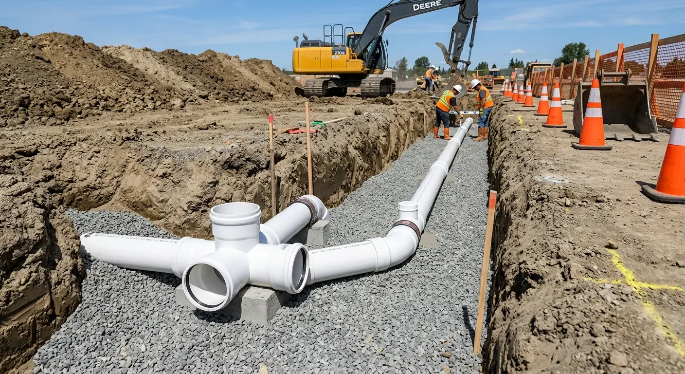 New PVC sewer pipe installation in open trench for Grease Trap Cleaning in McMinnville