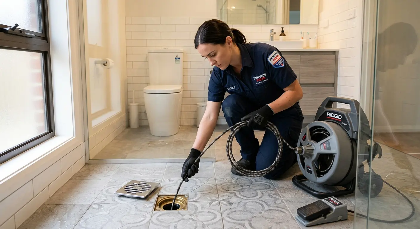 Technician clearing a bathroom floor drain for Sewer Line Installation in McMinnville